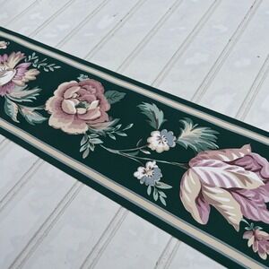 Vtg Sanitas Floral Wallpaper Border Hunter Green Pink Rose Vinyl 15"770B1717 NEW